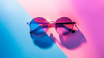 Trendy sunglasses still life in minimal style. Stylish sunglasses on a pink blue color block background - summer eyewear fashion concept. Fashionable accessories. Optic store discount, sale.