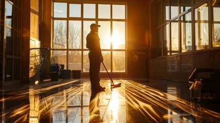 A man is actively cleaning the floor with a mop in a room. He is focused and diligent in his task, ensuring that the floor is spotless and shiny. - obrazy, fototapety, plakaty