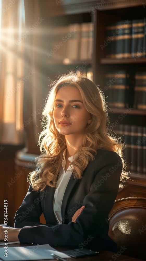 Aufkleber A woman is seated at a desk in a room with a bookshelf in the background. She appears to be reading or studying. The bookshelf is filled with various books and decorations.
