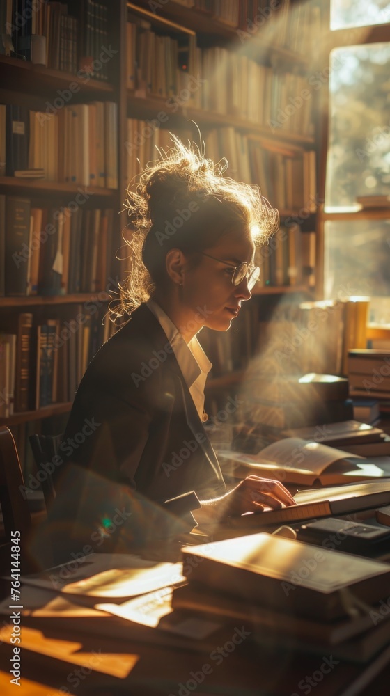 Aufkleber A woman is seated at a desk in a room with a bookshelf in the background. She appears to be engaged in reading or studying with various books surrounding her.