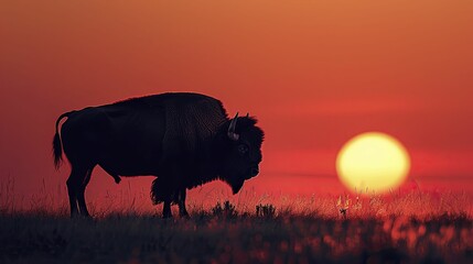 A lone bison silhouetted against the vast, open plains at sunset, embodying the spirit of the wild and the grandeur of untouched landscapes.