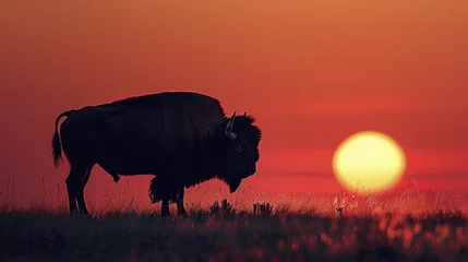 Foto op Plexiglas A lone bison silhouetted against the vast, open plains at sunset, embodying the spirit of the wild and the grandeur of untouched landscapes. © Kanisorn