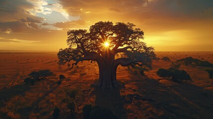 An ancient Baobab stands proudly in Madagascar, its silhouette etched against the timeless expanse of nature at sunset.