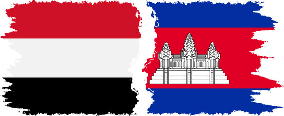 Cambodia and Yemen grunge flags connection vector