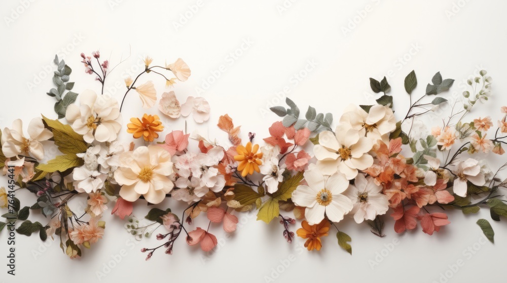 Poster Generative AI An elegant display of seasonal blooms artistically composed on a white background, providing a blank canvas for customizable texts or branding elements