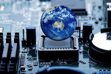 Concept of technology globe on data circuit board
