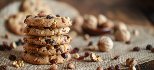 Stack of sweet homemade cookies with nuts and raisins around. Freshly baked on a pastel brown...