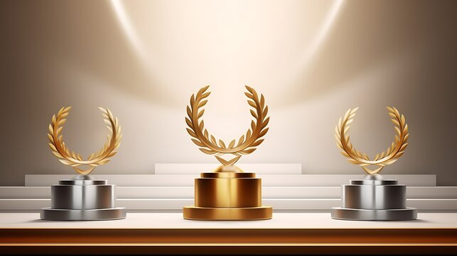 Winner award podium prize silver gold trophy win champion pedestal first stage bronze sport. Podium background winner 3d award ceremony medal platform laurel best place second third design light event