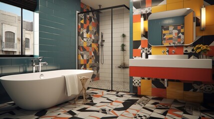 Generative AI A contemporary bathroom with geometric tiles, bold patterns, and pops of color.