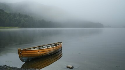 Obraz premium The lone rowboat on the misty Scottish loch whispers secrets of nature's enigmatic tranquility.