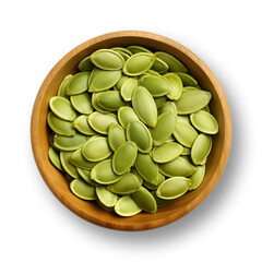 Pumpkin seeds in wooden bowl isolated on transparent or white background, png