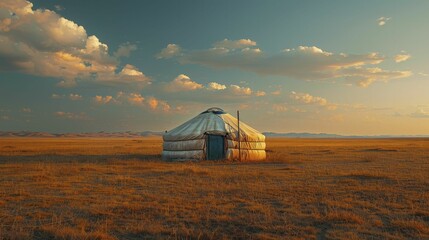 A solitary yurt against the sprawling, untouched vastness of the Mongolian steppe, embodying the solitude of nomadic life. - obrazy, fototapety, plakaty