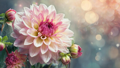 Blooming soft dahlia flowers. Spring season. Floral artistic concept. Selective focus. Natural banner