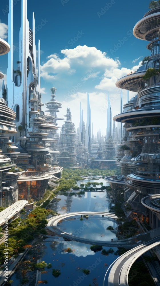 Aufkleber generative ai an ultramodern cityscape featuring self-sustaining skyscrapers, flying drones, and an 