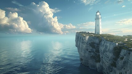 An isolated lighthouse on a remote cliff, its light a solitary beacon against the vastness of the ocean's expanse. - obrazy, fototapety, plakaty