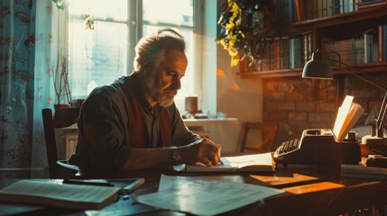 A man is sitting at a desk in front of a window. He appears to be writing or working on something. The room is well-lit by natural light coming in through the window. - obrazy, fototapety, plakaty