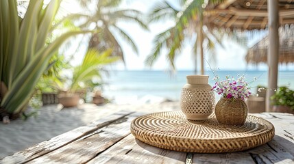 Capture the essence of summer with a Bohemian Rattan Podium against a Sunny Beachside Cabana Background, perfect for fashion displays.