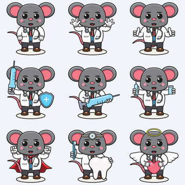 Vector Illustration of Cute Mouse cartoon with Doctor costume. Set of cute Mouse characters. Collection of funny little Mouse .
