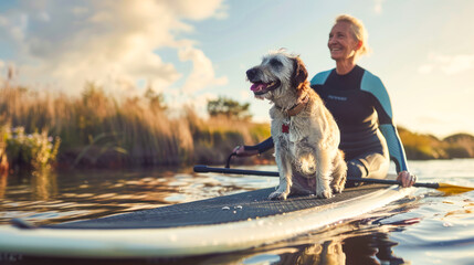 Happy woman in wetsuit floating on a SUP board with a dog. The adventure of the sea with blue water on a surfing. Summer vacation. Woman keeping oar, training her sup boarding skills. - obrazy, fototapety, plakaty