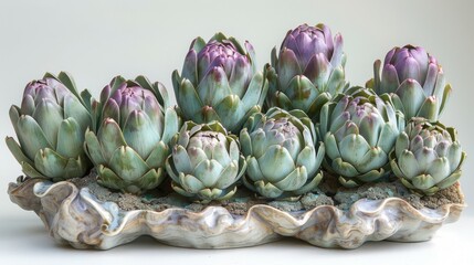 Fototapeta premium Delicately arranged artichokes, their green and purple hues striking against the white, showcasing the unique structure and texture of this thistle vegetable