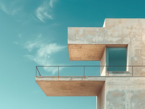 Minimalist architecture, a concrete balcony with clear lines stands out against a serene blue sky, symbolizing modern design and urban living.