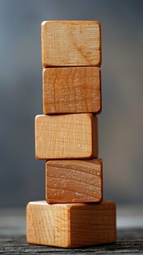 Four evenly stacked wooden blocks, creating a simple and rustic aesthetic against a blurred gray background, evoke a sense of structure and balance.