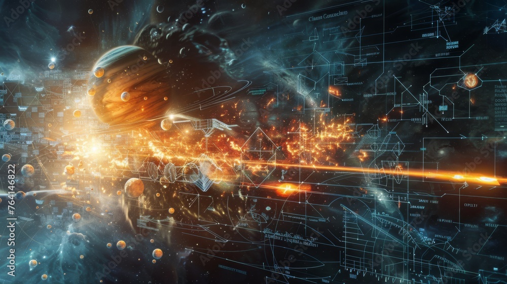 Aufkleber this computer-generated image depicts a detailed space station floating in outer space. the station 