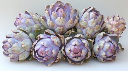 Fototapeta premium Delicately arranged artichokes, their green and purple hues striking against the white, showcasing the unique structure and texture of this thistle vegetable, inviting curiosity