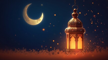 Ornamental Arabic lantern with crescent moon - Ramadan Kareem 