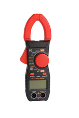 Red Digital clamp meter on white background.