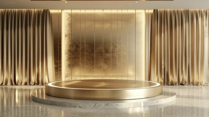 Glamorous Gold Podium, front view focus, with a High End Boutique Background, ideal for luxury accessory product displays.