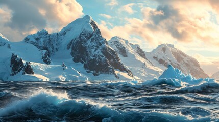 Generative AI Antarctic horizon at sunset - obrazy, fototapety, plakaty