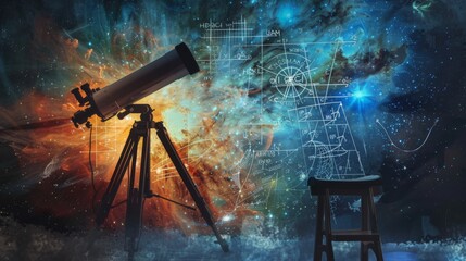 A telescope is set up in front of a colorful galaxy. The telescope is pointing towards a star in the sky. The scene is set in a room with a chair and a stool