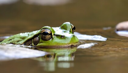 A green frog sticking its head out of the water by a rock at Algonquin Park - Powered by Adobe
