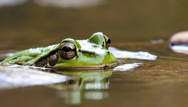 A green frog sticking its head out of the water by a rock at Algonquin Park