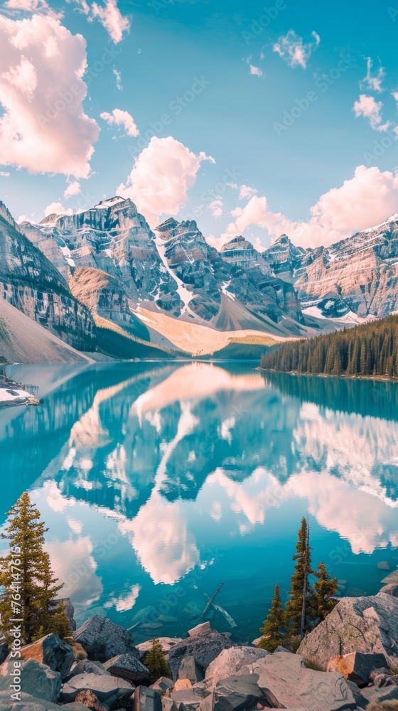 Aufkleber a beautiful mountain lake with a reflection of the mountains in the water. the sky is clear and blue