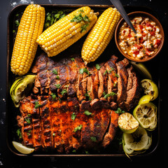 texas bbq with corn on the cobb, top view created with Generative Ai