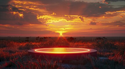 A mesmerizing display setting for showcasing adventurous travel gear against the backdrop of a stunning Savannah sunset.