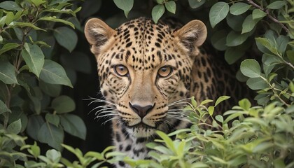 A leopard hiding behind a bush