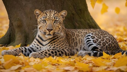 A leopard lying on autumn leaves near a tree