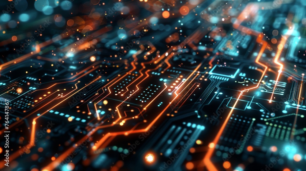 Poster Detailed close-up shot of a computer circuit board showing various components and pathways. The circuit board is a complex network of electronic connections that enable the computer to function proper