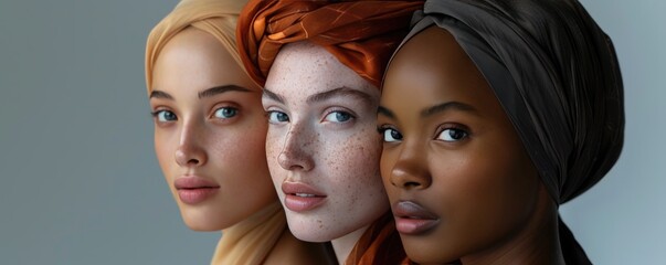 multi ethnic beauty, beautiful, wonderful women of different nationalities on a gray background. concept of unity and friendship of people. - obrazy, fototapety, plakaty