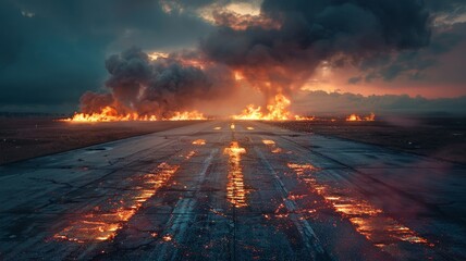 Apocalyptic runway with dramatic firestorm approaching under ominous skies