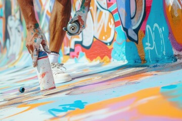 Close-up of an artist’s hand gripping a spray paint can, mid-motion in the act of creating a colorful mural and graffiti. - obrazy, fototapety, plakaty