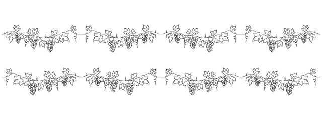 grape vine border design element, bunch of grapes horizontal seamless pattern, black line panoramic vector illustration © Liena