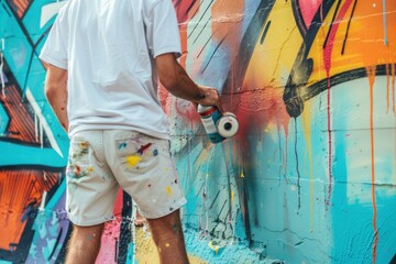 Fototapeta premium Artist painting a colorful mural in the skate park with a spray paint. Street art graffiti. Urban way of life.