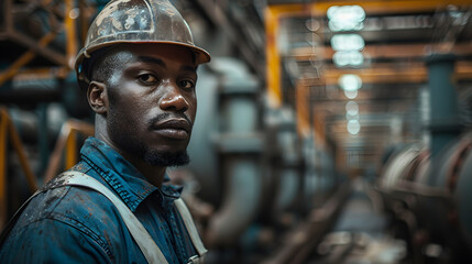 Focused industrial worker with hard hat in a machinery workshop, showcasing determination and resilience