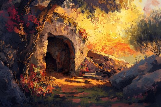Vibrant digital painting capturing Jesus Christ's resurrection, with the stone rolled away from the tomb in the early morning light.