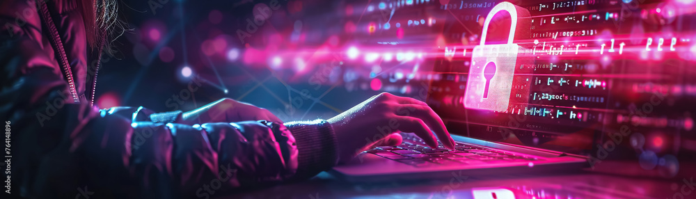 Fototapete A visual metaphor for cybersecurity with a glowing padlock symbol and a tech user