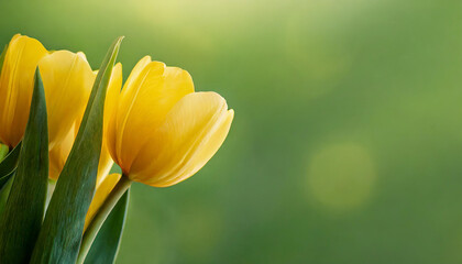 Naklejka premium Elegant yellow tulips. Cute flowers. Spring season. Beautiful floral banner with blurred green background